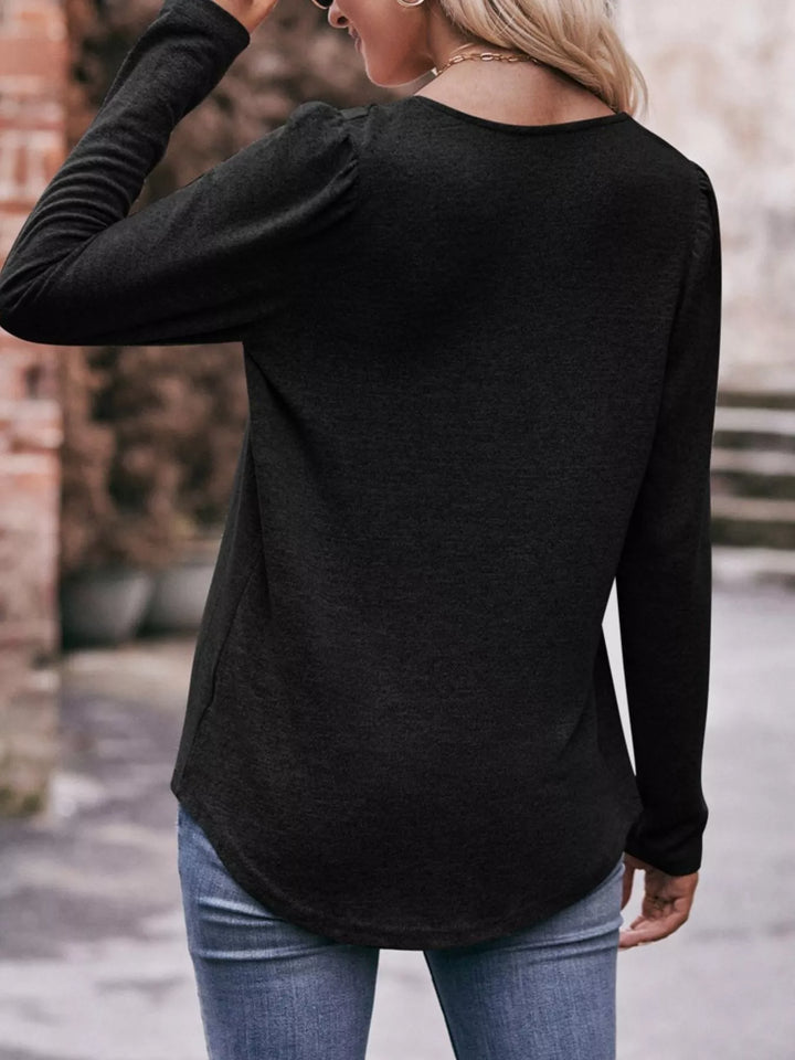 Pleated square neck long sleeve knit top