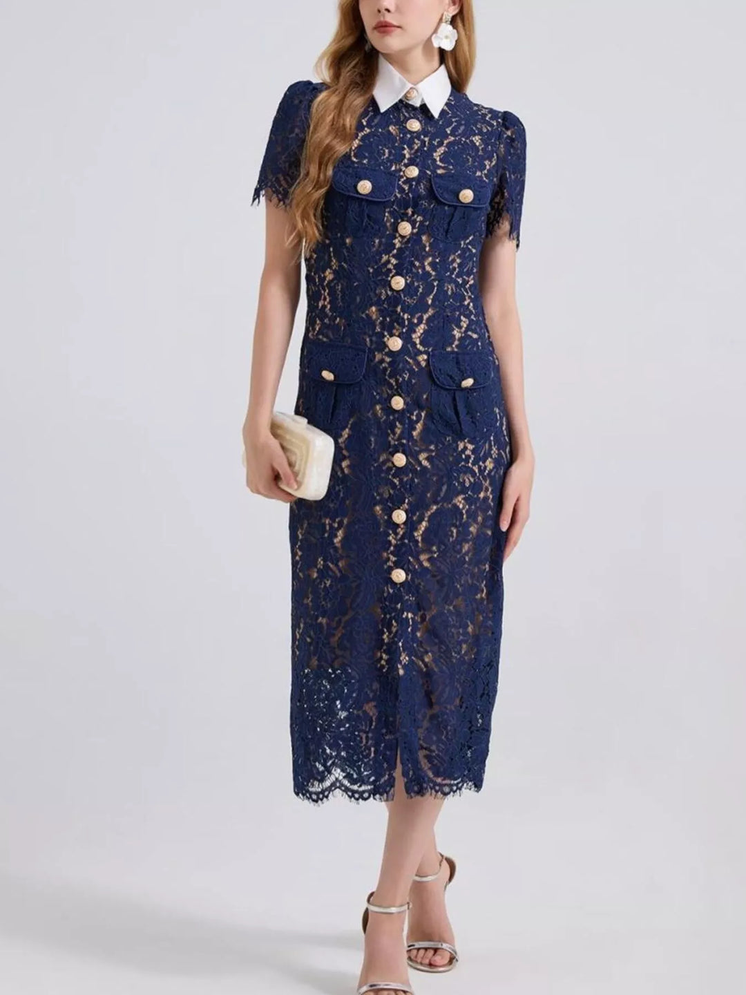 Belted floral lace midi shirt dress with contrast collar