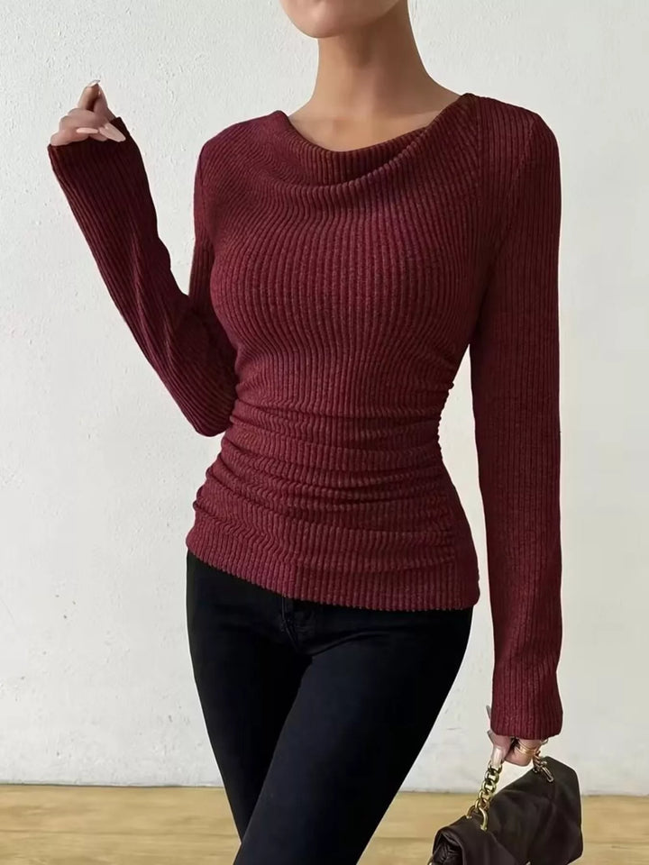Ruched cowl neck ribbed knit long sleeve top