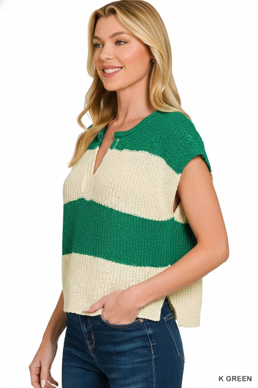 Split-neck striped short-sleeve knit sweater