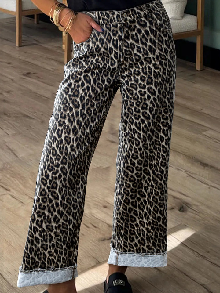 Leopard Leopard print straight loose-leg jeans with cuffed hem