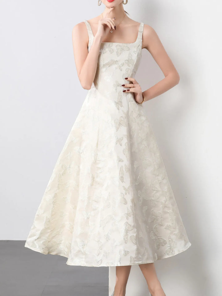 Apricot Butterfly jacquard square-neck A-line midi dress
