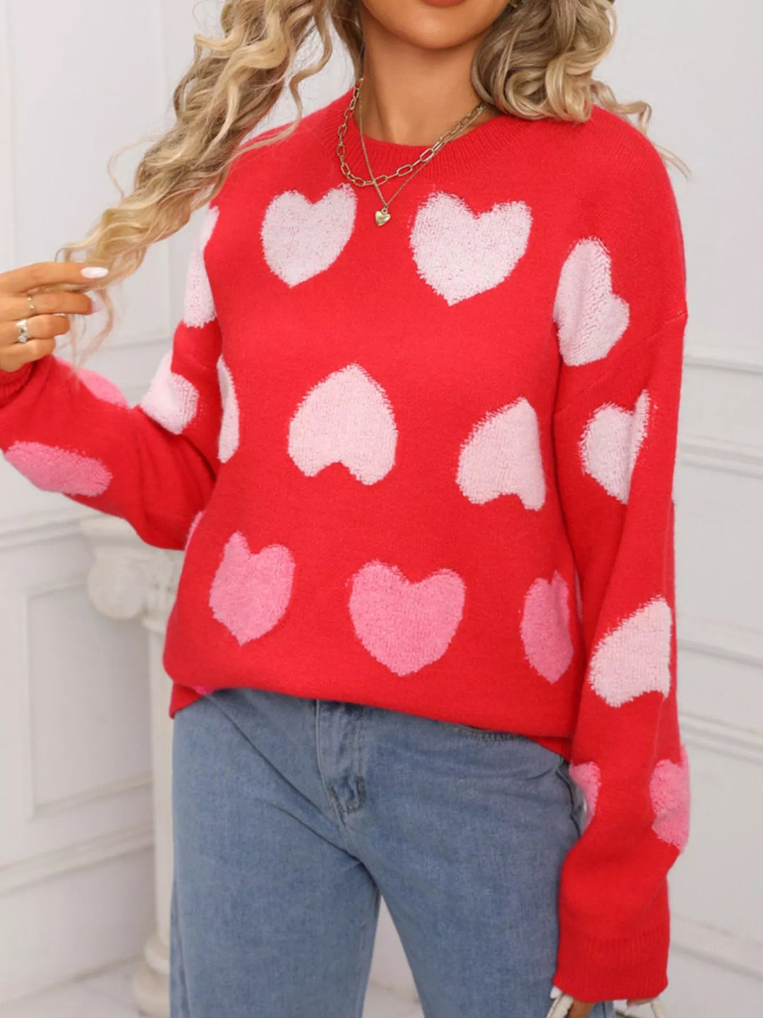 Fuzzy heart color-block crew neck knit sweater