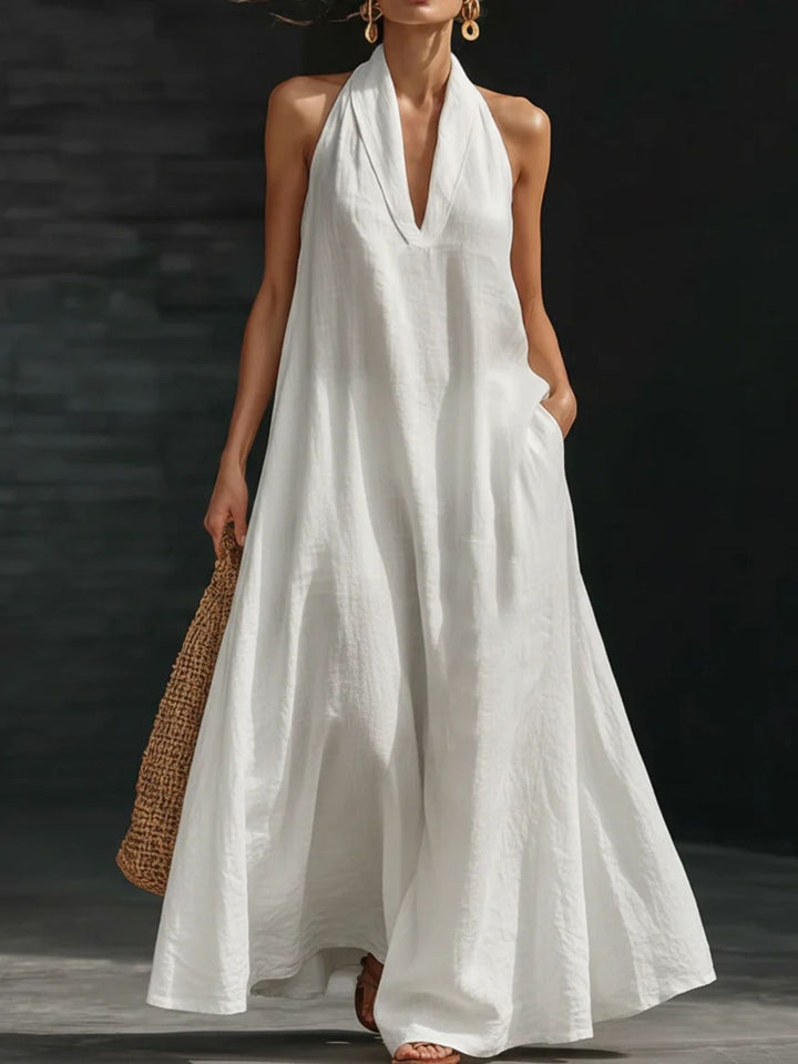 White Plunge halter maxi dress with side pockets