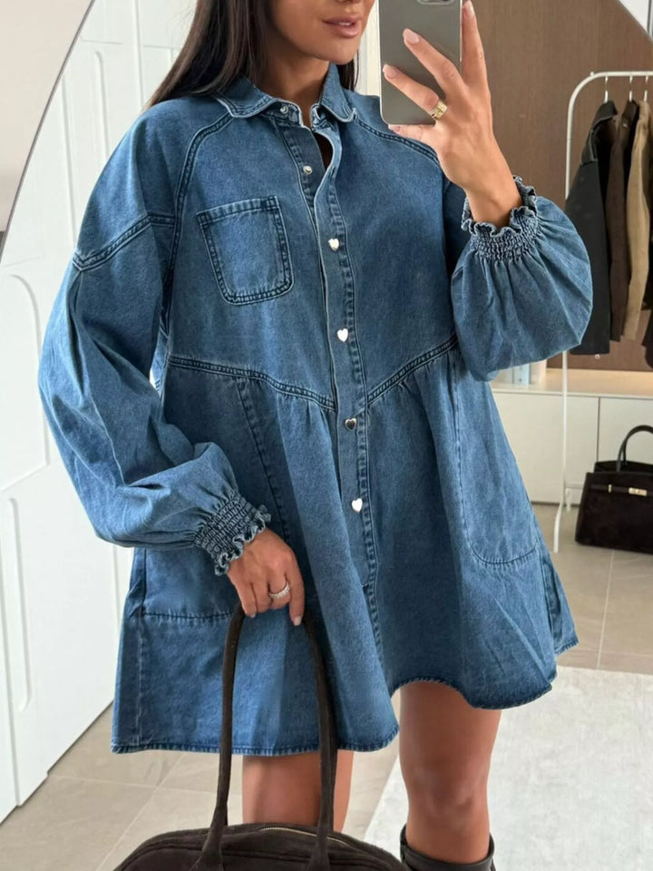Button-down denim shirt dress with puff sleeves and pockets