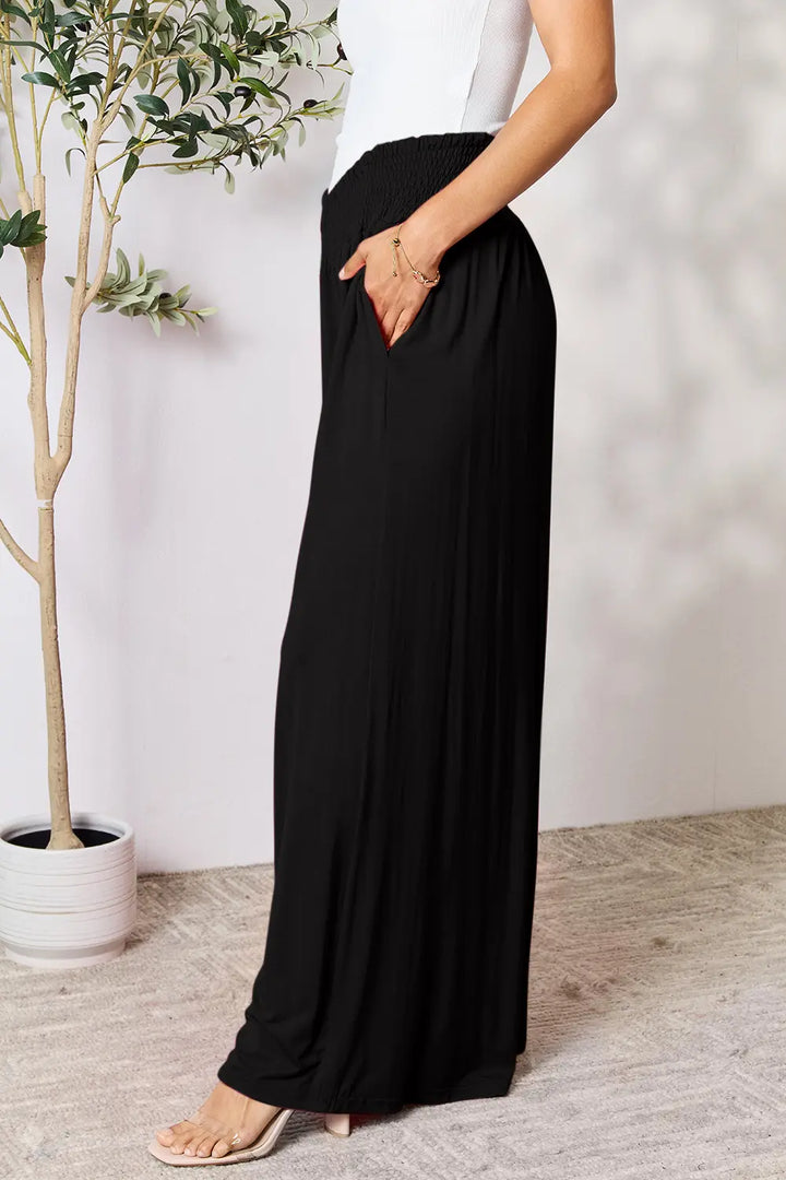 Smocked wide-waistband wide-leg jersey pants with pockets