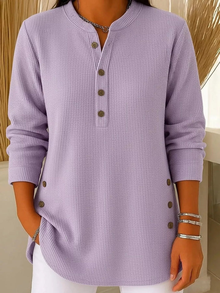 Purple Ribbed half-button henley top with side buttons