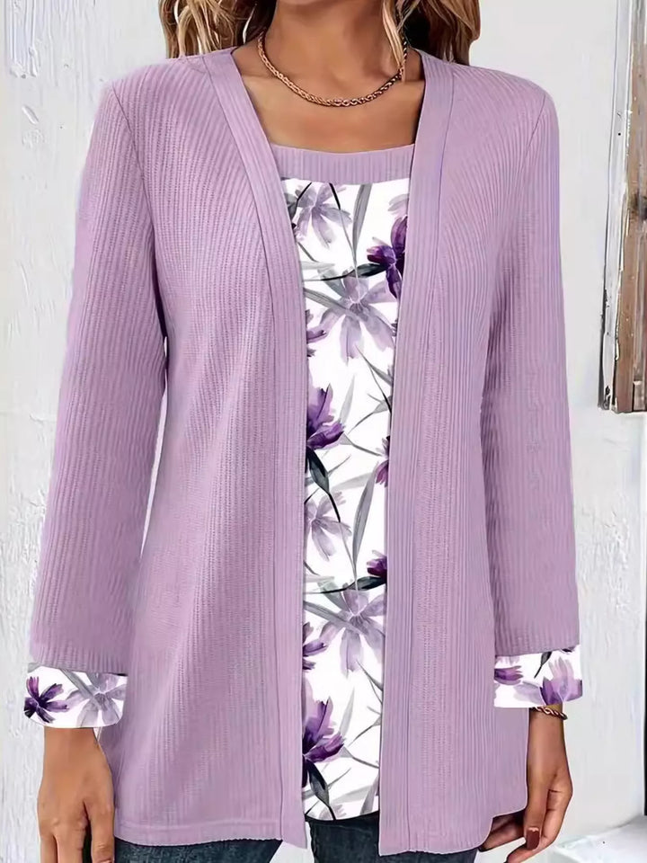 Light Purple Floral two-in-one layered top with ribbed knit cardigan