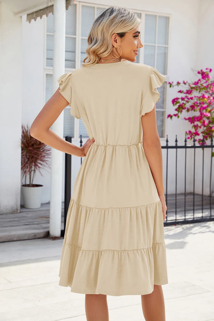 Flutter sleeve tiered midi dress with notched V-neck
