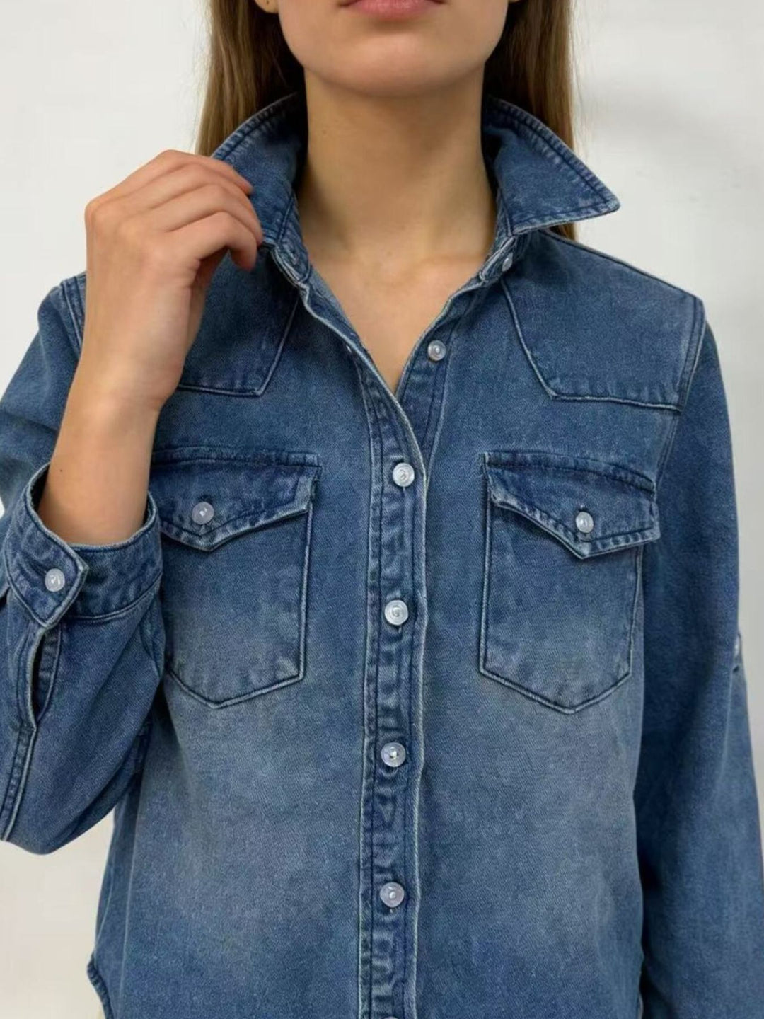 Western button-down denim shirt with flap pockets