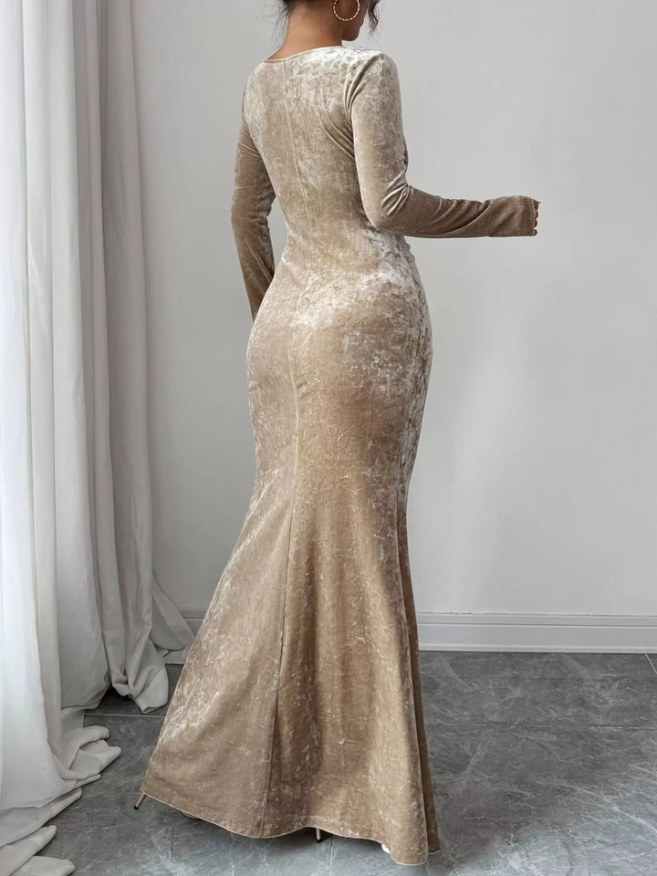 Crushed velvet ruched waist long sleeve maxi dress