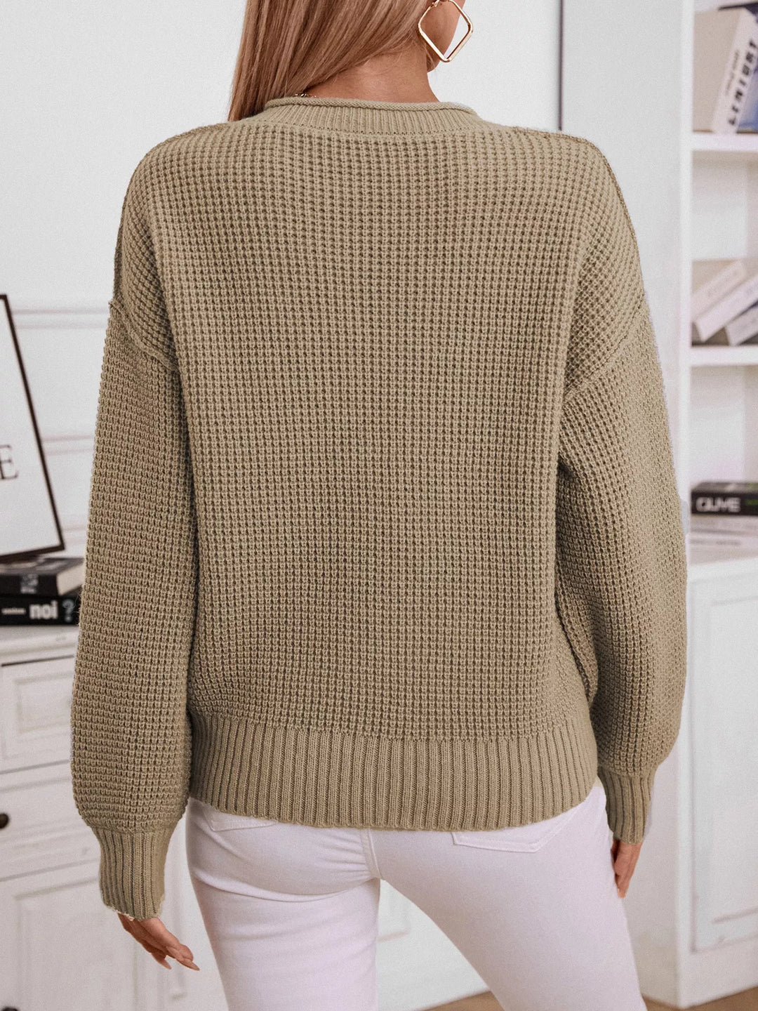 Waffle knit button-front V-neck sweater with chest pocket
