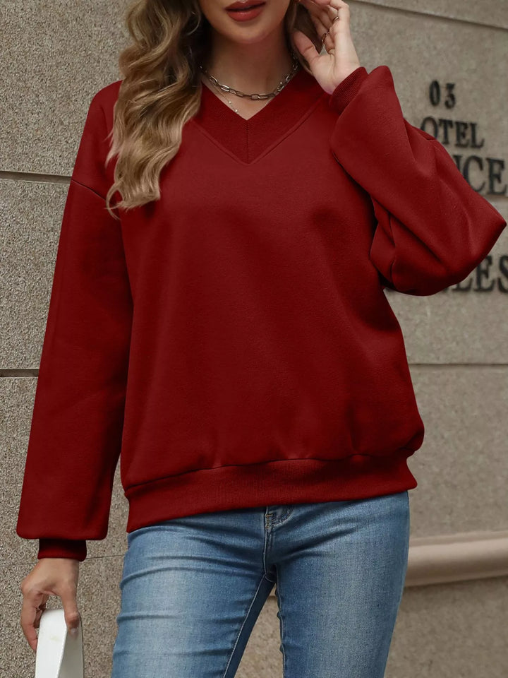 V-neck drop-shoulder pullover sweatshirt with ribbed trim