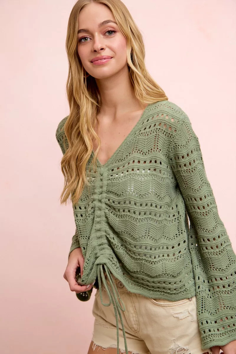 Long sleeve pointelle knit V-neck top with ruched front