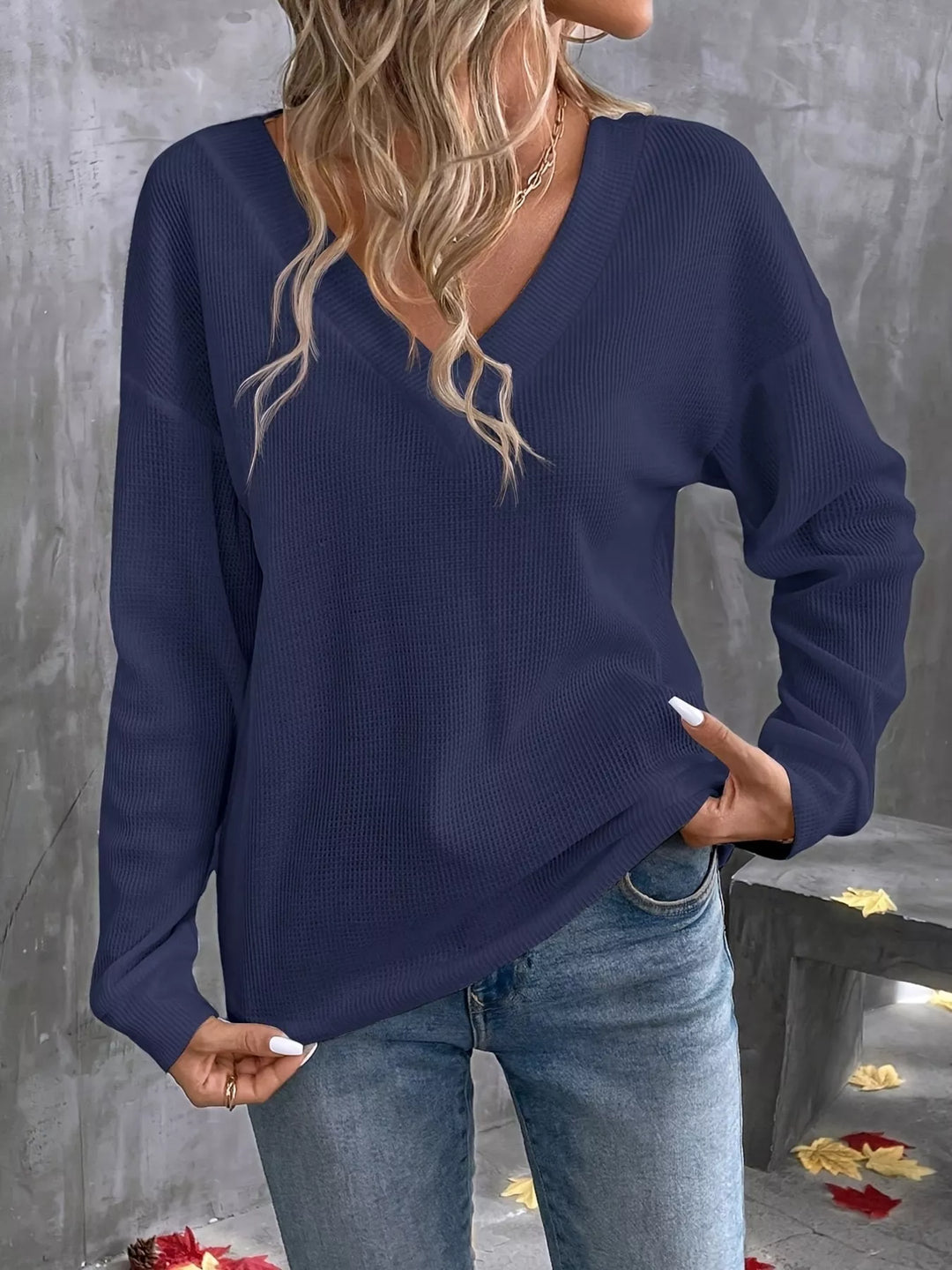 Navy Contrast-trim waffle knit V-neck long sleeve top