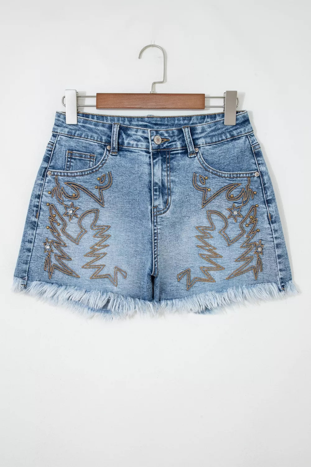 Western embroidered studded denim shorts with raw hem