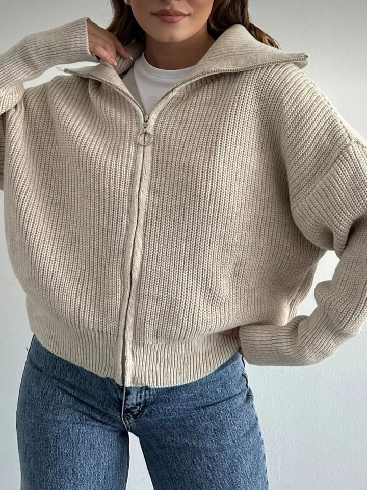 Chunky two-way zip sweater jacket with foldover collar