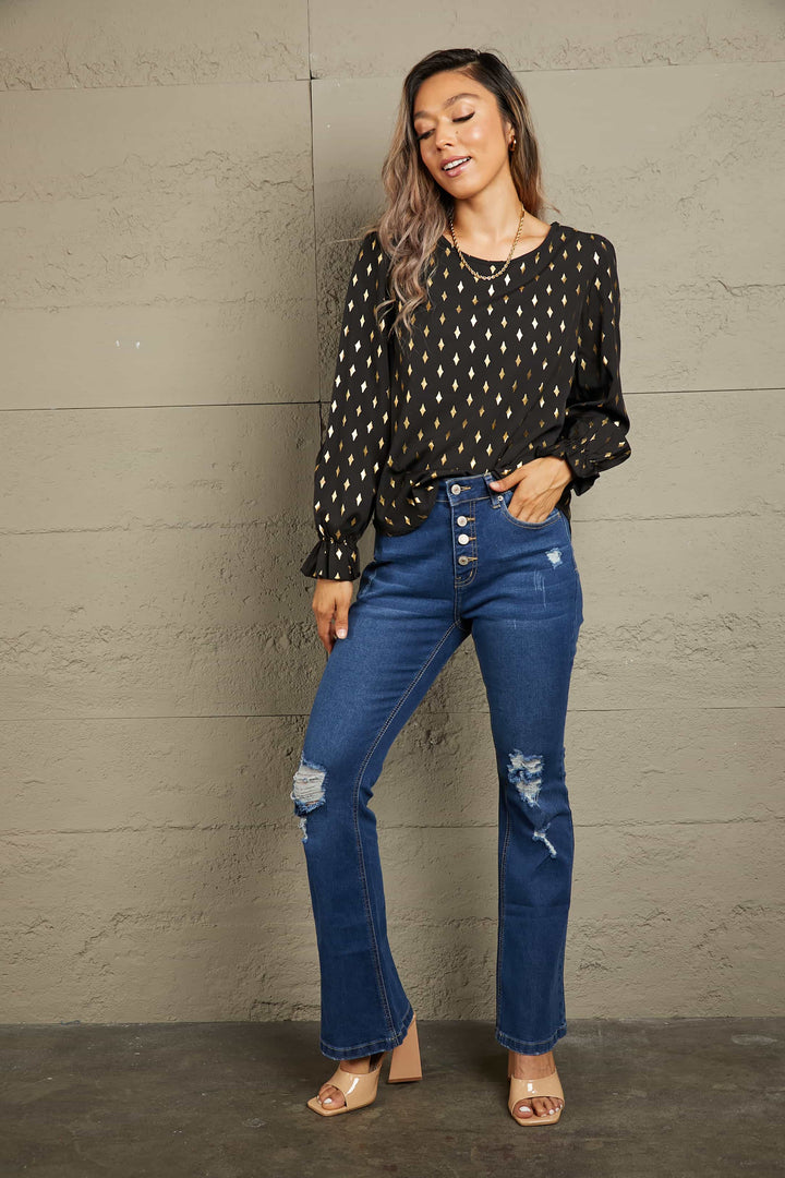 Metallic gold geometric print flounce sleeve blouse