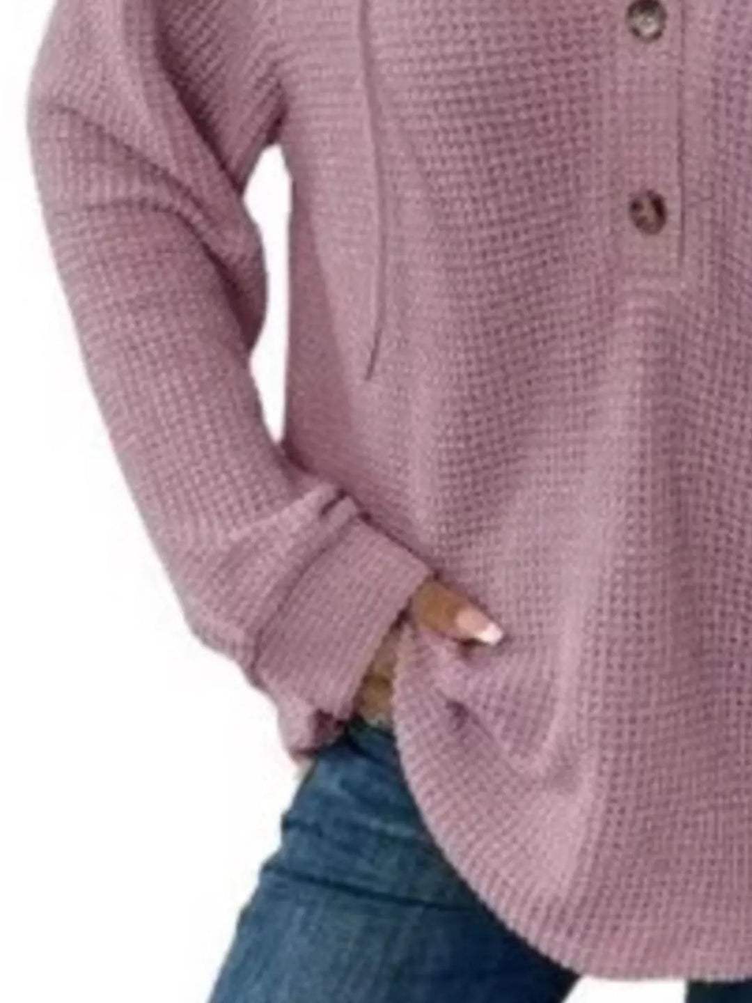 Button-detail waffle knit hoodie with drawstring hood
