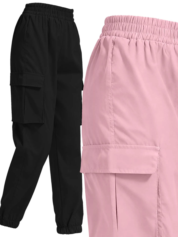 Elastic waist cargo jogger pants with flap pockets, 2-piece set
