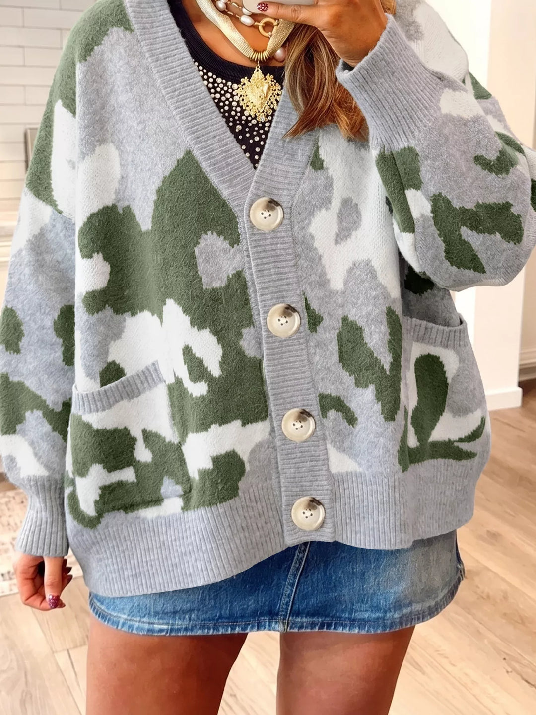 Camo knit drop shoulder cardigan with button front and pockets
