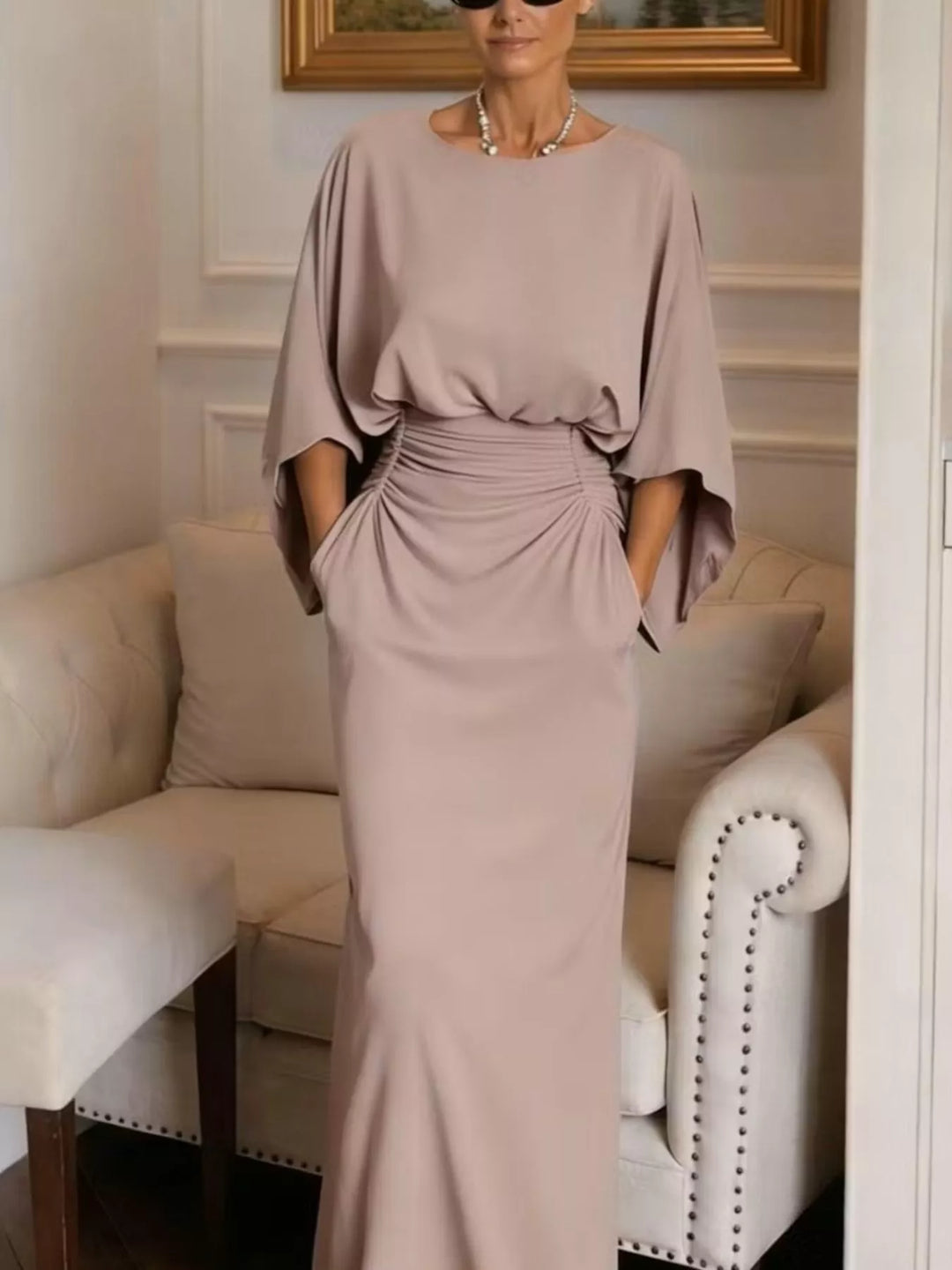 Batwing sleeve maxi dress with ruched waist and pockets