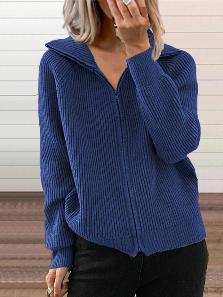 Blue Ribbed knit zip-up cardigan with collar and pockets
