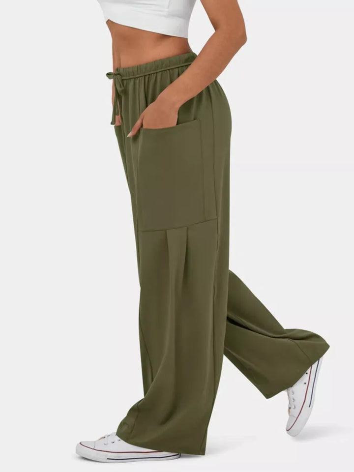 High-rise drawstring wide-leg pants with patch pockets