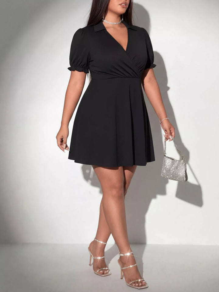 Ruched surplice plus size mini dress with puff sleeves