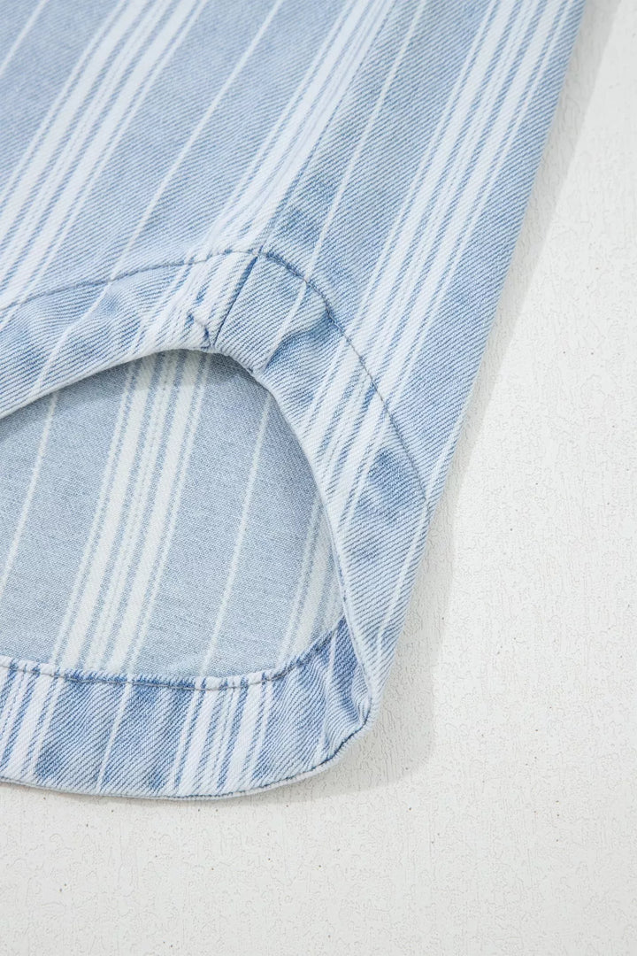 Striped denim shacket with chest pockets and raw hem