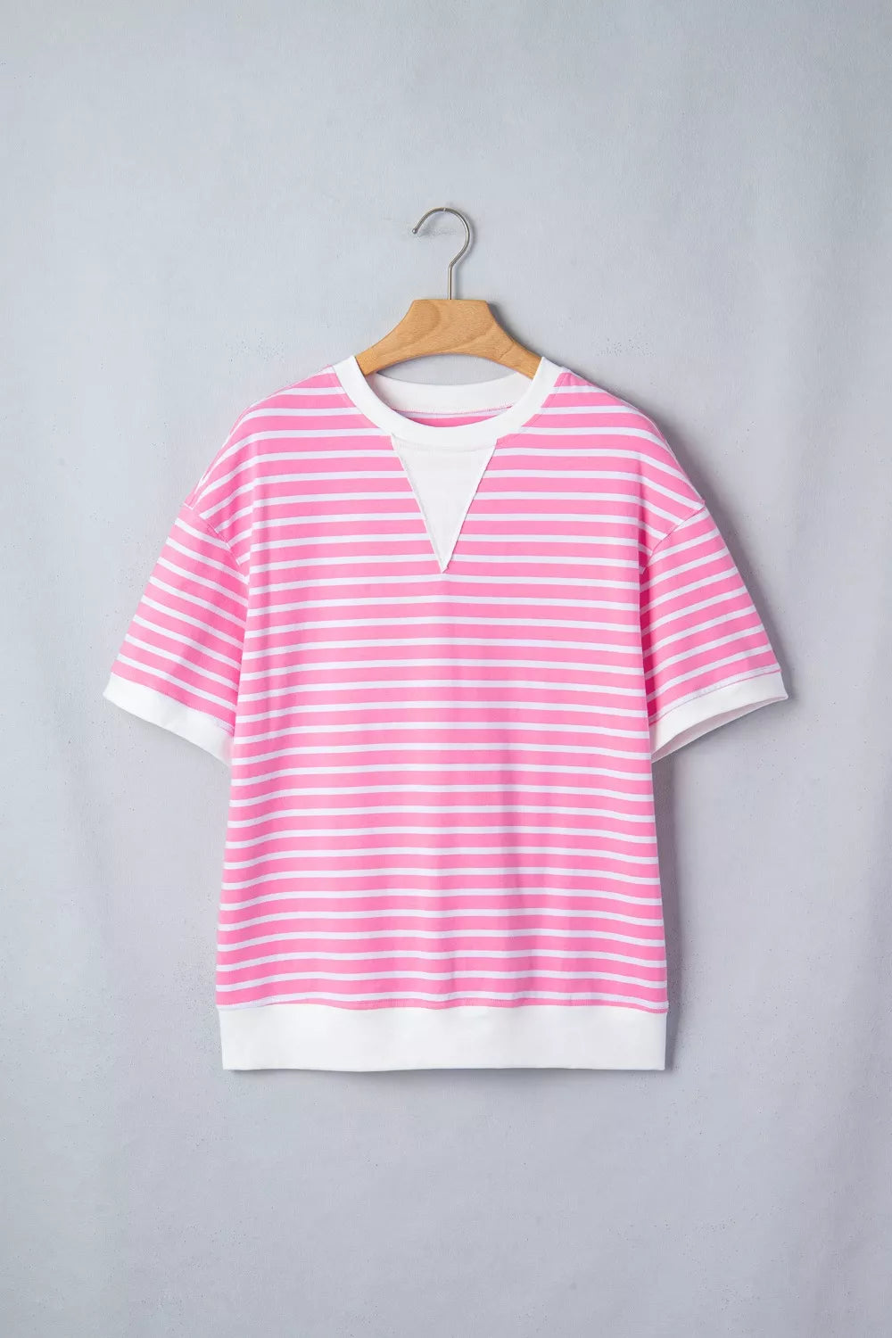 Striped drop-shoulder crew neck loose top with contrast cuffs