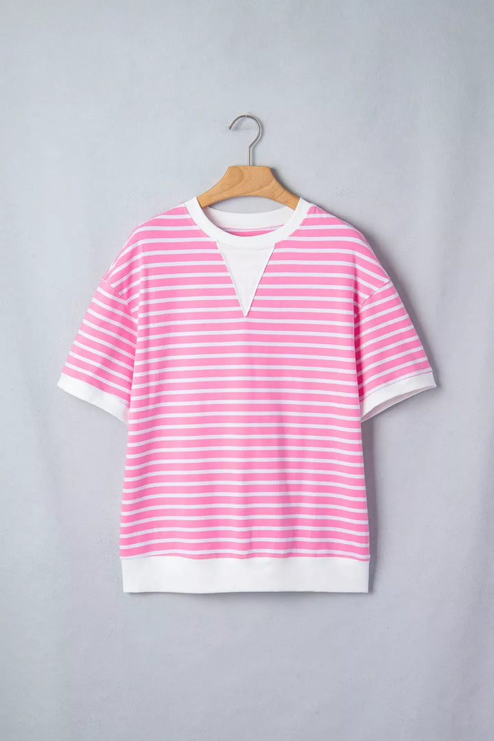 Striped drop-shoulder crew neck loose top with contrast cuffs