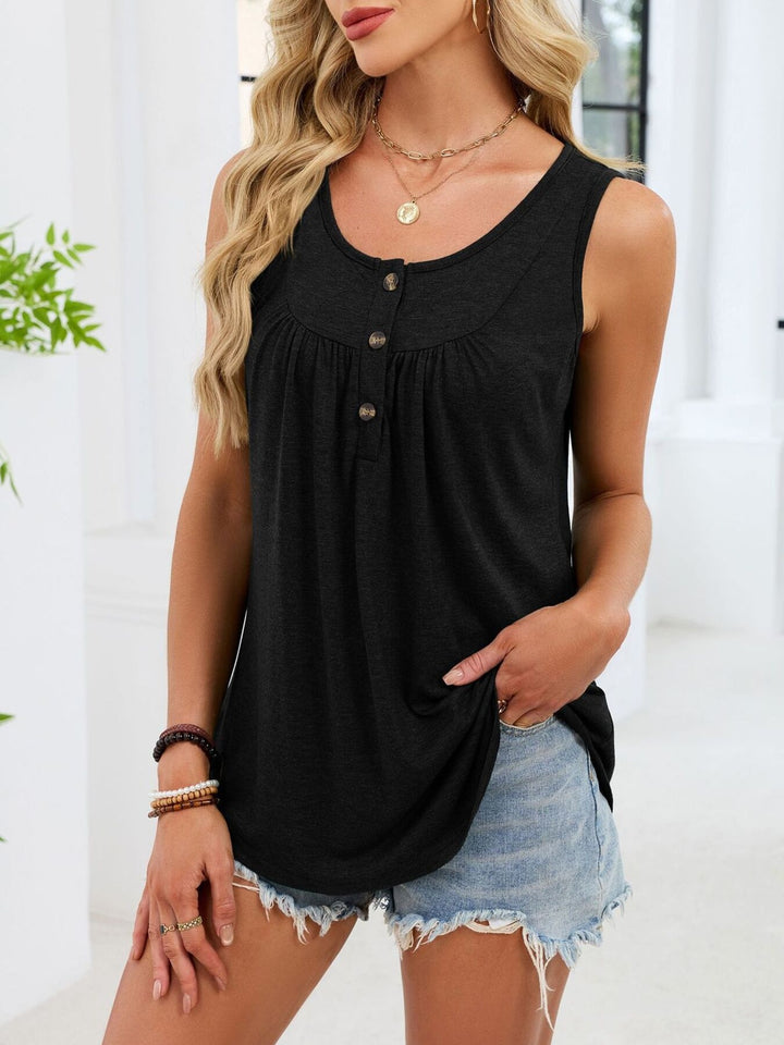 Black Ruched button-front sleeveless round neck tank top