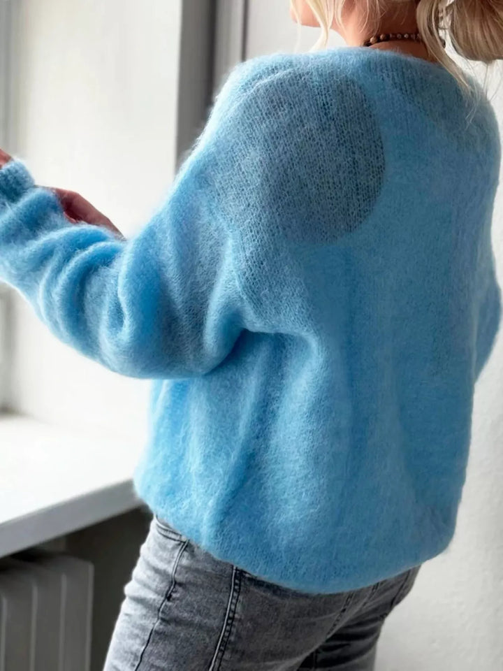 Fluffy brushed knit V-neck sweater with long sleeves