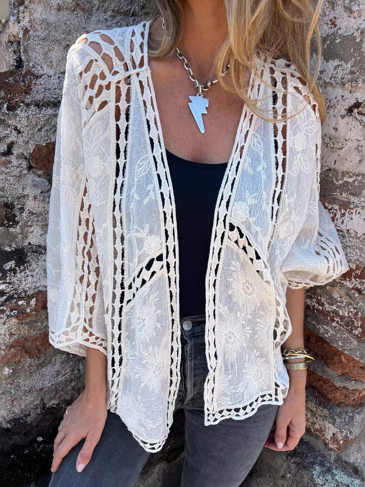 Embroidered floral lace open-front cardigan with crochet trim