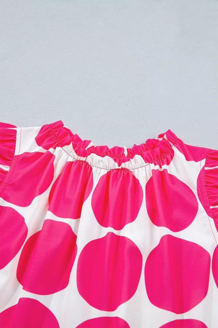 Large polka dot ruffle-neck sleeveless shift top