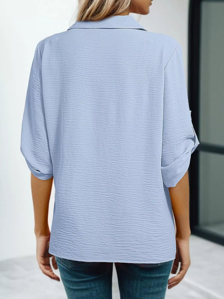 Johnny collar blouse with crochet lace trim and roll-tab sleeves