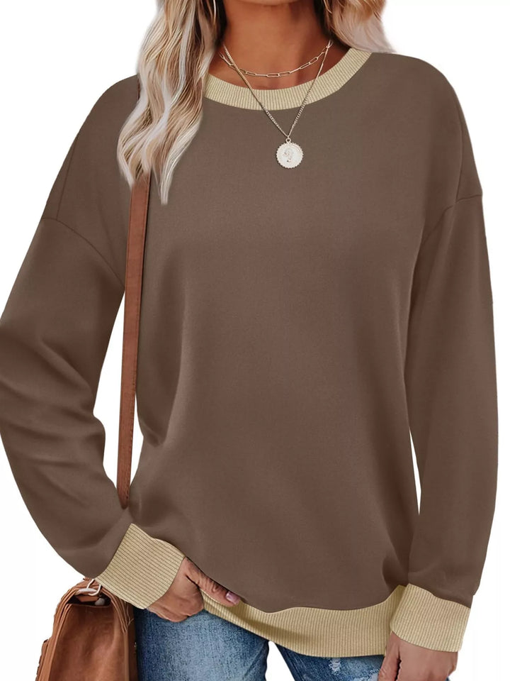 Khaki Drop-shoulder crew neck sweatshirt with contrast ribbed trim