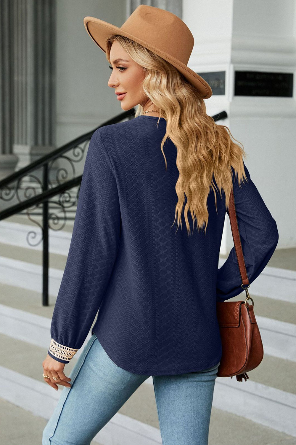 Textured crochet lace V-neck long sleeve blouse