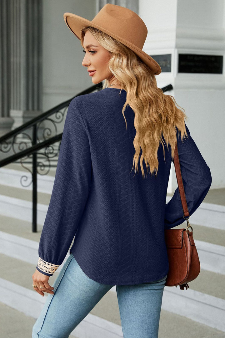 Textured crochet lace V-neck long sleeve blouse