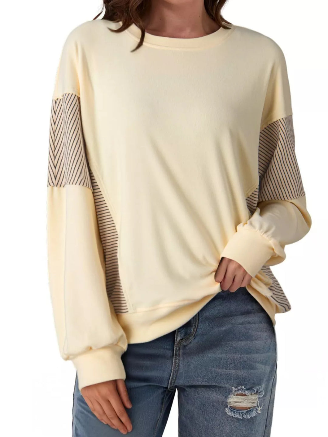 Color-block striped drop-shoulder crew neck sweatshirt