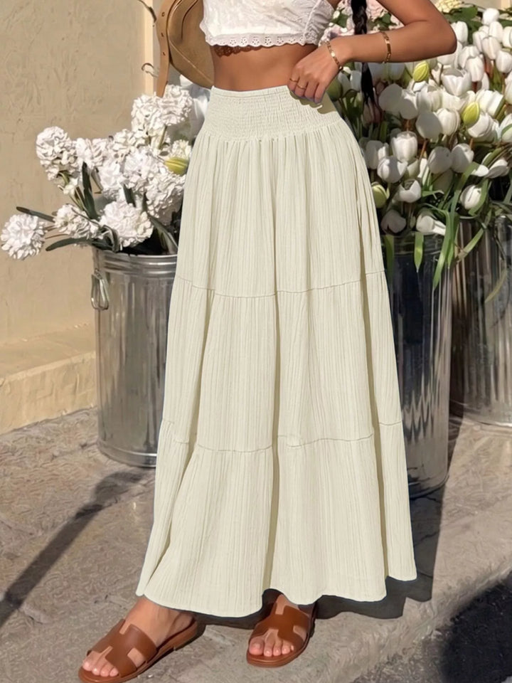 Tiered crinkle maxi skirt with smocked waist