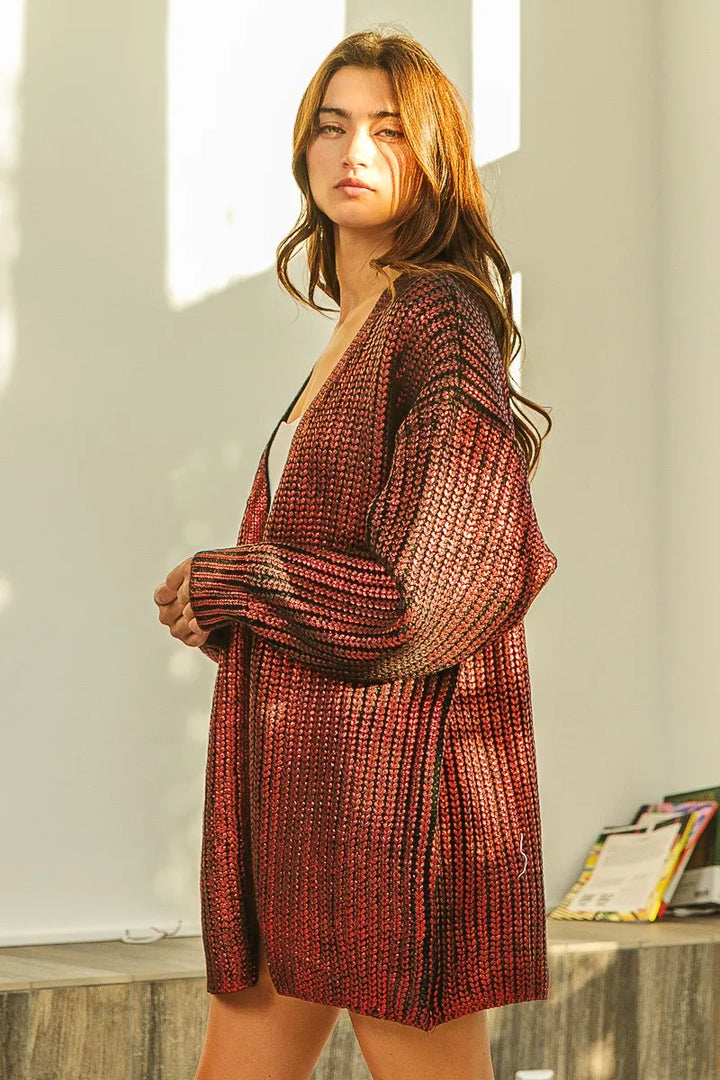 Metallic ribbed knit open-front longline cardigan