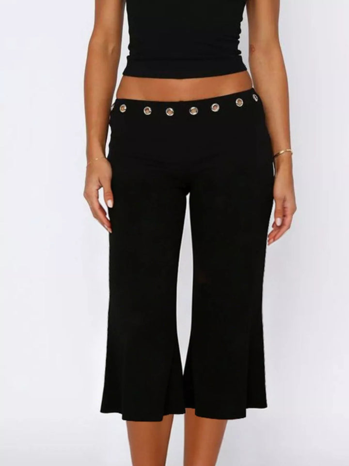 Mid-rise wide-leg capri pants with gold-button waistband
