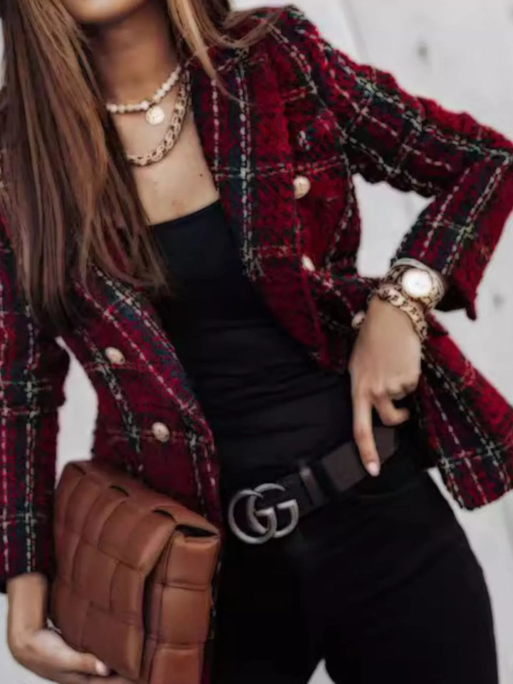 Plaid tweed double-breasted blazer with gold buttons - Burgundy
