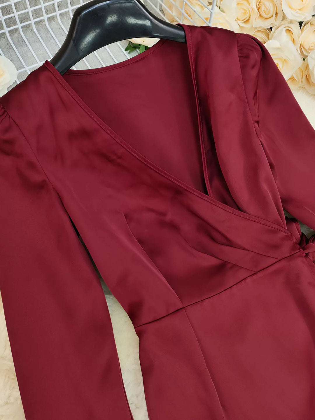 Surplice satin long sleeve maxi dress with tie waist
