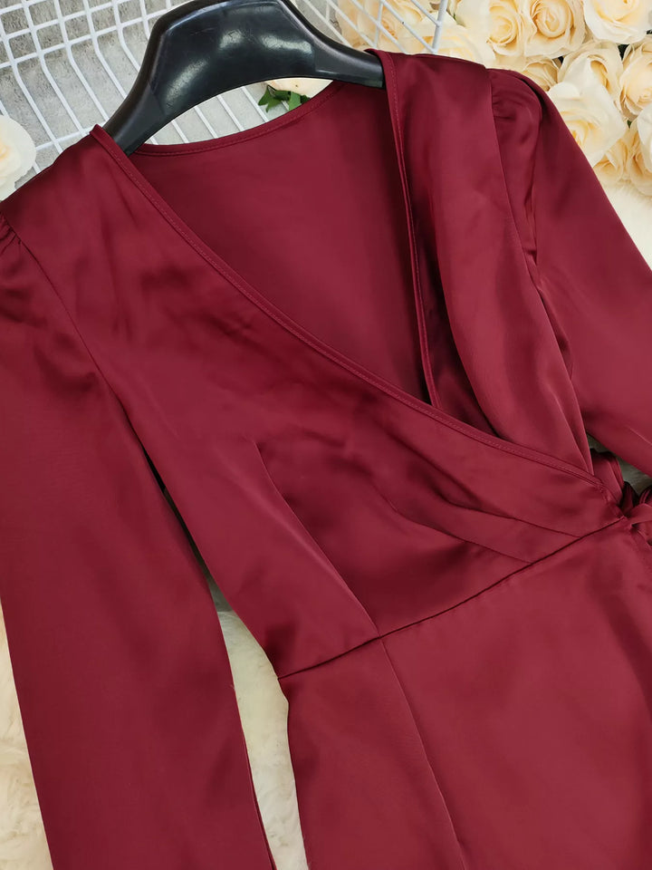 Surplice satin long sleeve maxi dress with tie waist