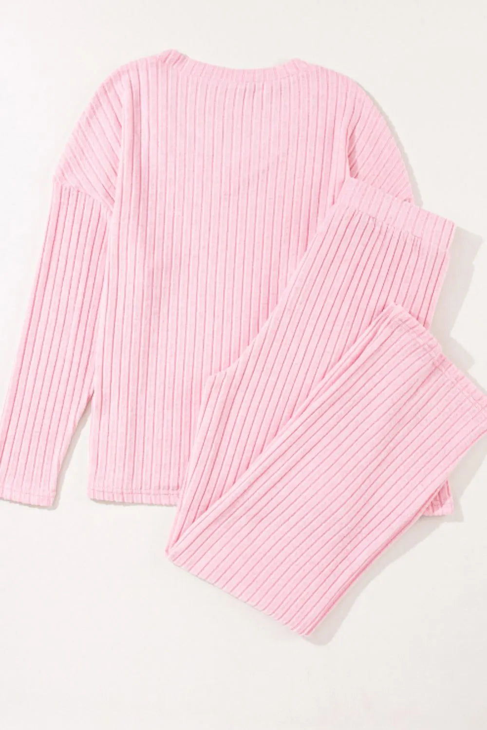 Ribbed knit V-neck top and wide leg pants lounge set