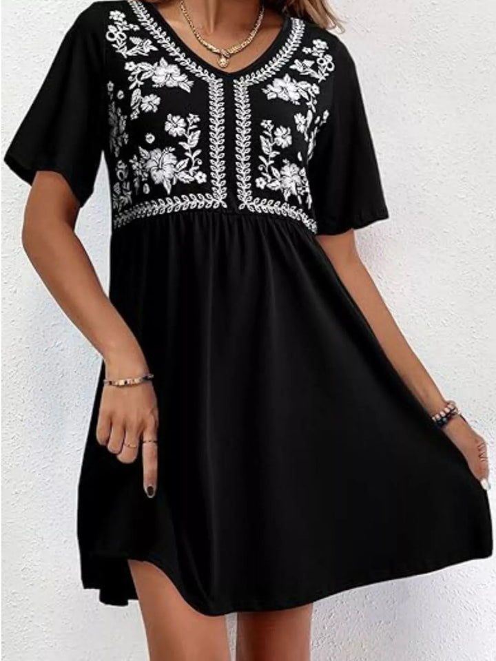 Black Floral embroidered v-neck babydoll mini dress