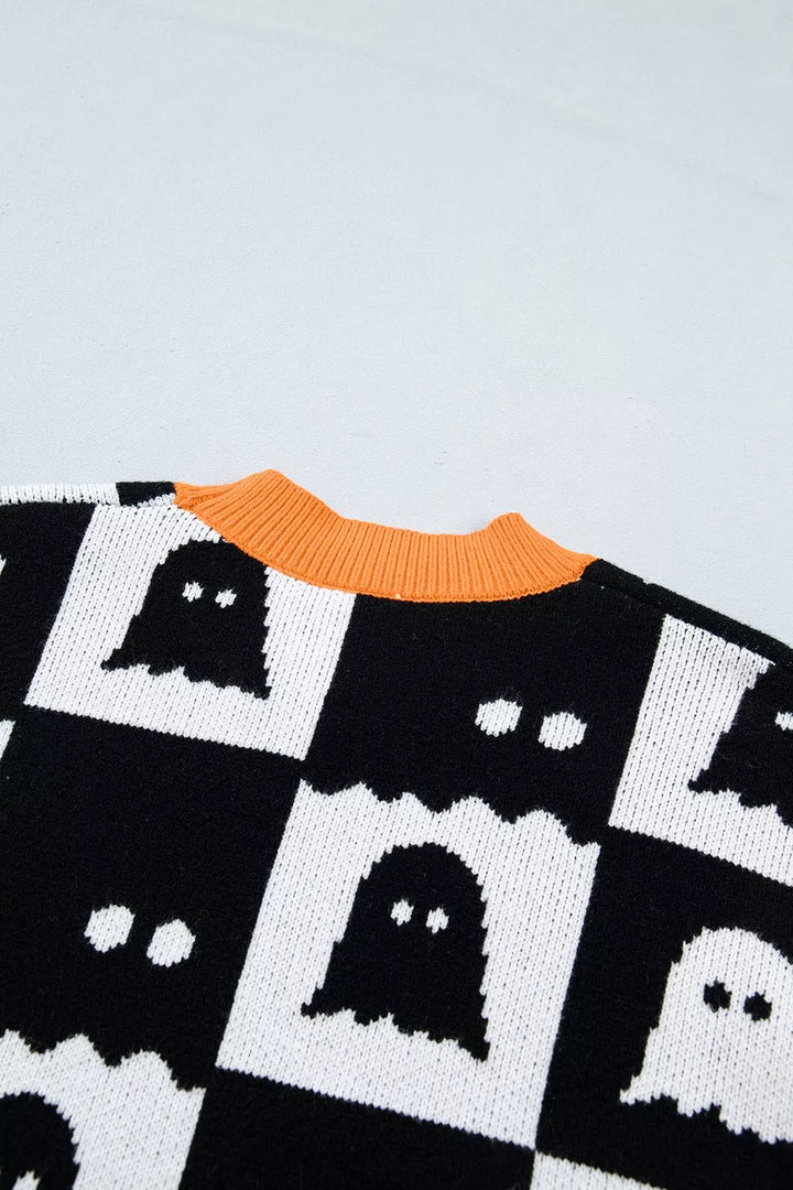 Ghost checkerboard knit sweater with contrast ribbed trim